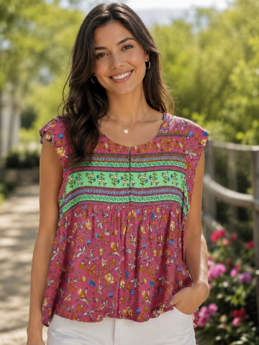 EASEL Blouse Cropped Partial Hook & Loop Close Pinkish Peach Floral S